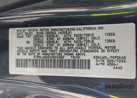 2001 Toyota Tacoma z USA, uszkodzony, nr VIN 5TENL42N21Z844362